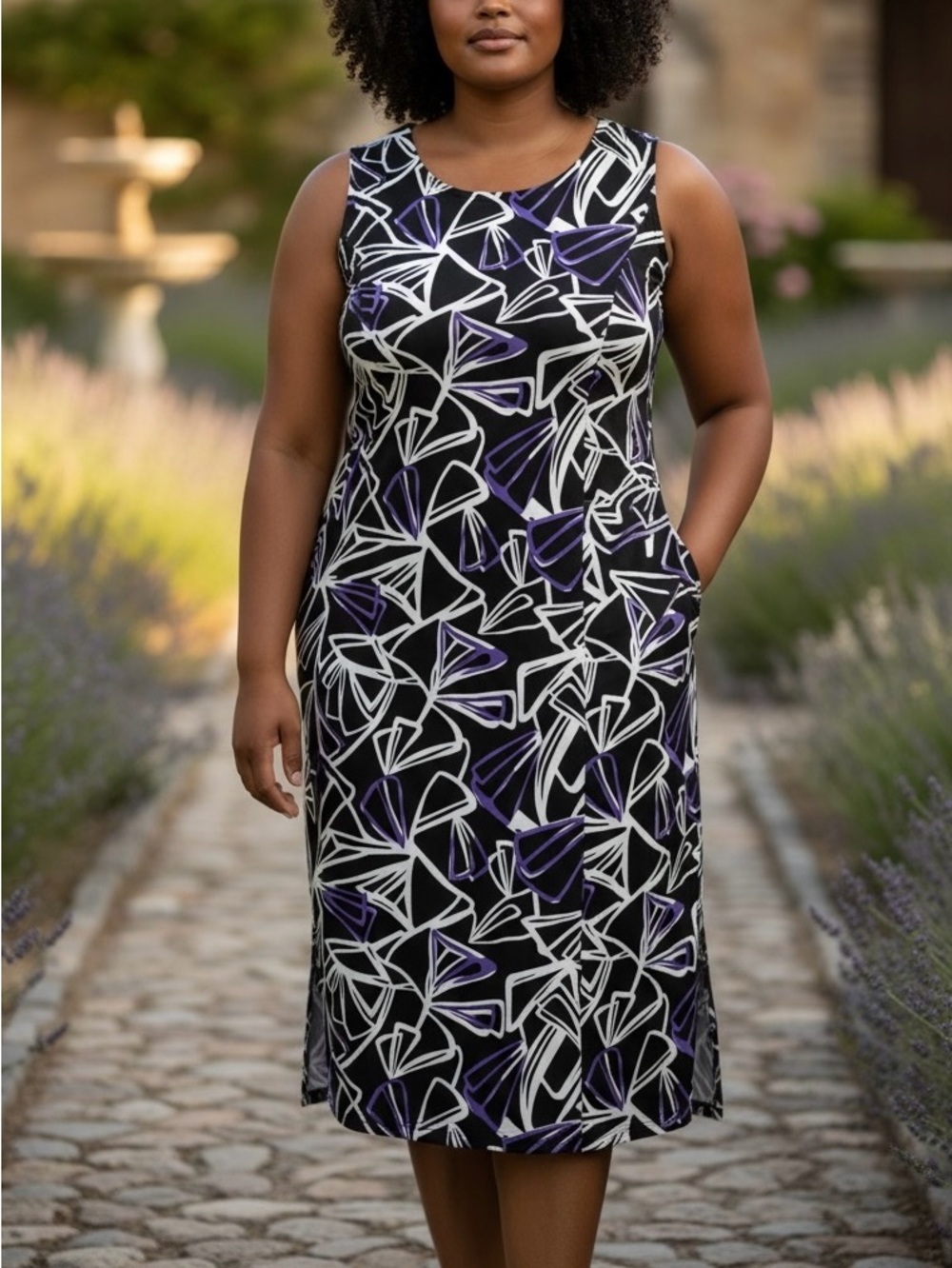 Dana Kay women's size 22W sleeveless sheath midi dress white purple line print